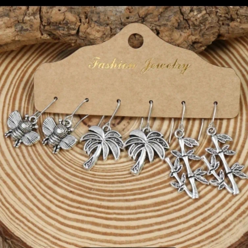 NWT 3 Pairs Antique Silver Animal Tree Plant Charm Earring Set